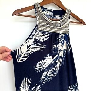 Venus tank top, beaded front, loose fit, stretch jersey fabric, tropical print